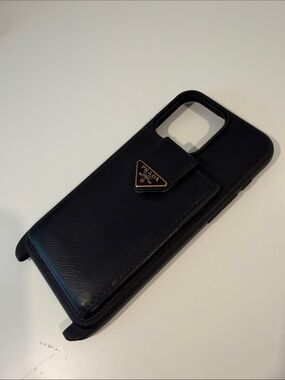 Prada Black Saffiano Leather Phone Case with Card Pocket and Gold Logo